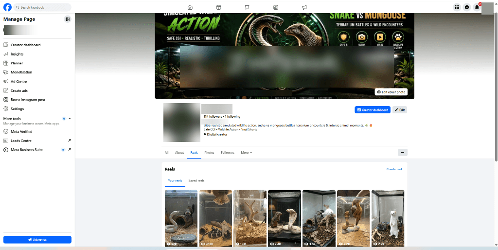 Facebook Reels page for simulated wildlife action with 11K followers and reels up to 697K views